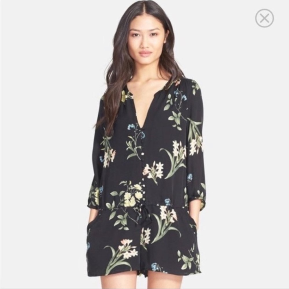 Joie black floral short romper, button front, S